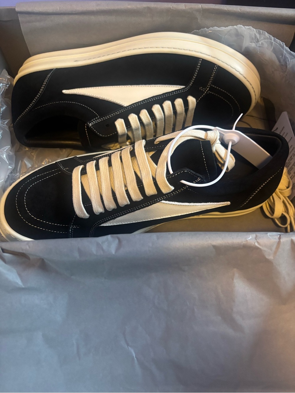 Men's Rick Owen’s Black and White Low-Top Suede Sneakers